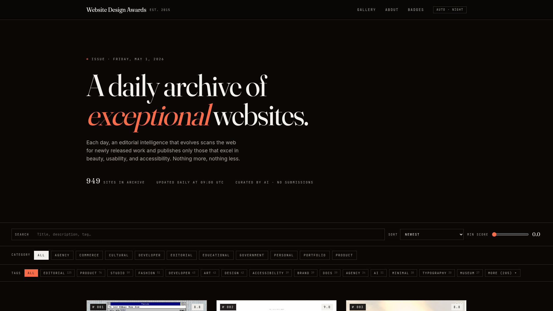 Website Design Awards: A daily archive of exceptional websites.