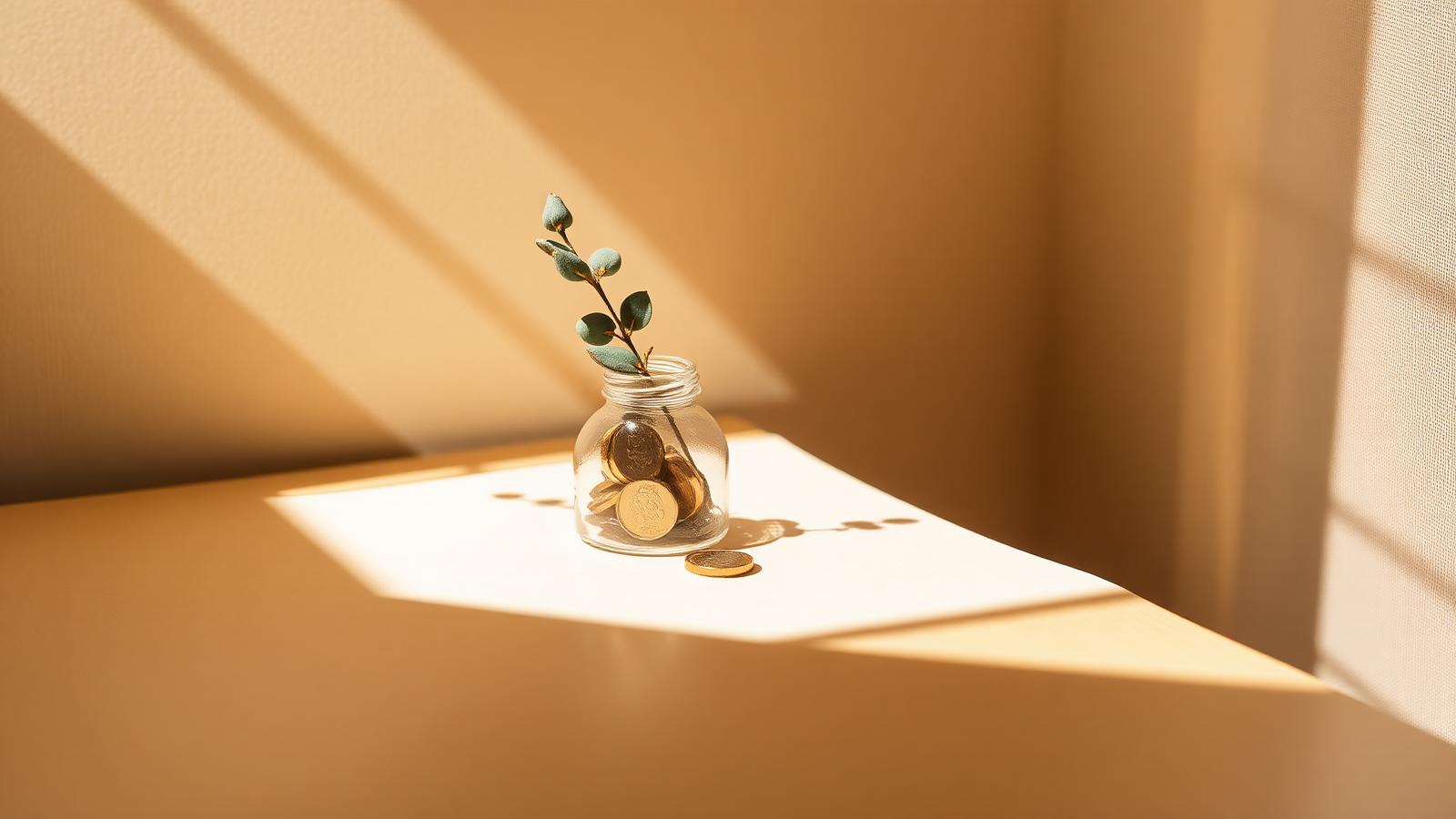 A small glass jar of coins with a sprig of eucalyptus, lit by soft afternoon light on a warm paper surface — quiet still life evoking financial wellbeing